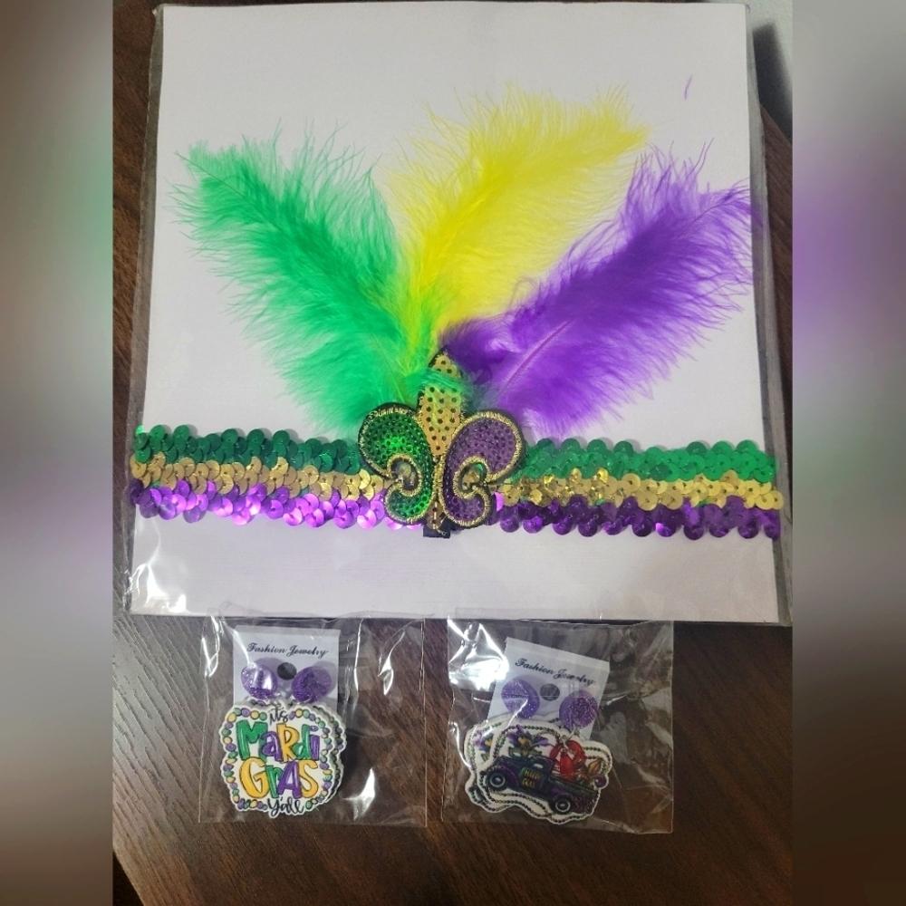 NEW- Mardi Gras Feather Headband and Earring Set